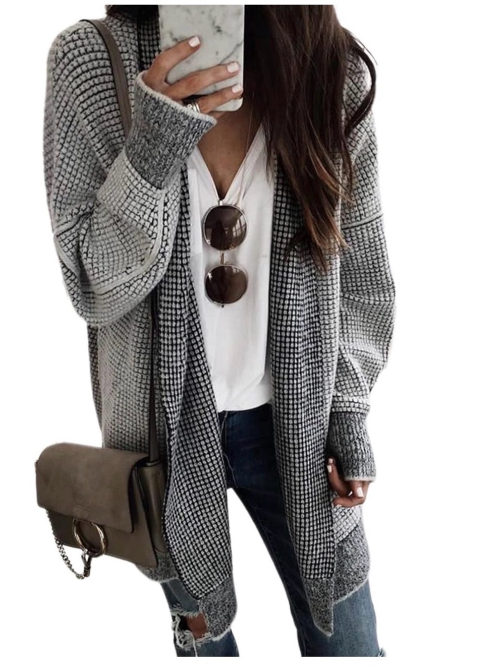 Ontheblvrd Open-Front Chunky Knit Cardigan - Gray